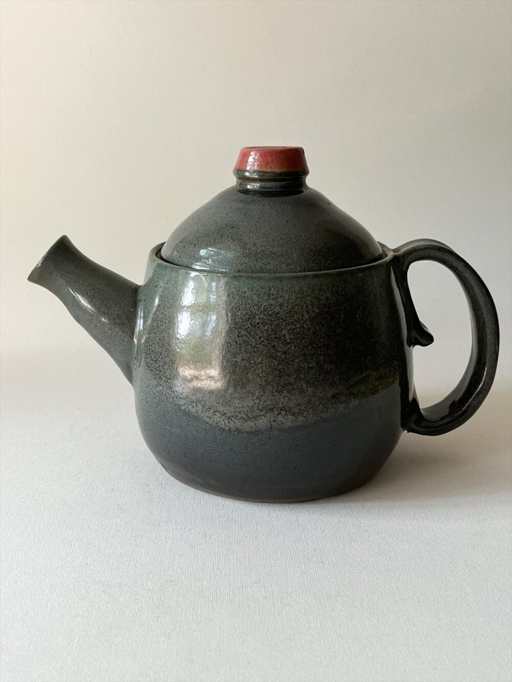 Vtg Large Hand Thrown Studio Pottery Teapot Dark Teal Slate Pink Accent Signed